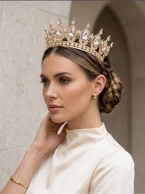 Royal Wedding Gold Crystal Teardrop Pageant Tiara Headband - Women's Accessories